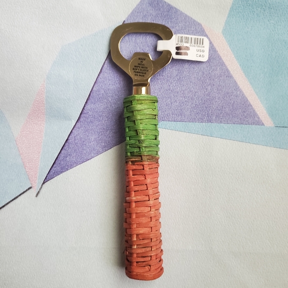 Anthropologie Boho Colorblock Woven Rattan Gold Bottle Opener Barware Preppy NWT - Picture 6 of 13